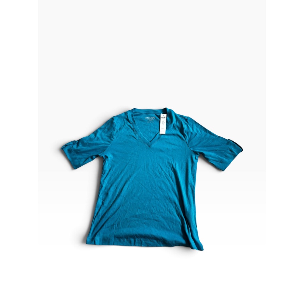 NWT Chico's Pima Everyday V-Neck Tee Size 1 M Lagoon Blue Short Sleeve Cotton